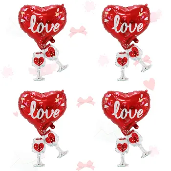 Балони с червени сърца от фолио за годишнината, Свети Валентин, романтична украса в стаята, балони за чаши вино, 4 бр.