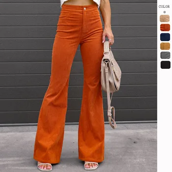 Модни дамски вельветовые панталони-клеш, есенна однотонная градинска дрехи, ежедневни дизайн с джобове копчета, Тесни ежедневни панталони с висока талия