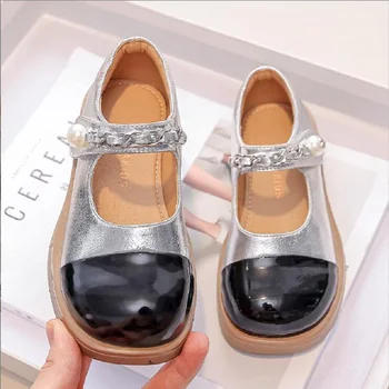 Детски обувки принцеса от естествена кожа, новост 2023 г., есенни малки кожени обувки с мека подметка за момичета, модерен сребърен цвят шампанско 23-3