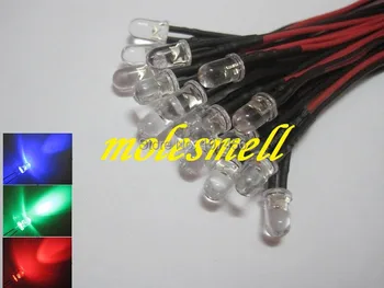 Безплатна доставка 500шт 5мм 5v червен/син/зелен rgb бързо мигащ led лампа-светкавица, Предварително свързан 5мм 5V dc Кабелна мига rgb led