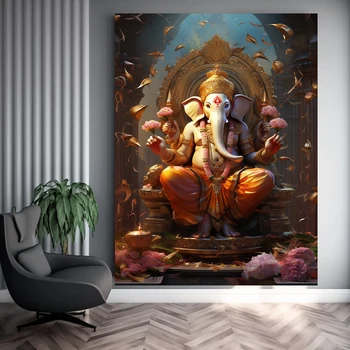 Индийската Митология Бог Ганеша Художествен Плакат Печат На Индийския Бог Слон Платно Картина Монтиране На Изкуството На Фреската Хол Начало Декор Снимка