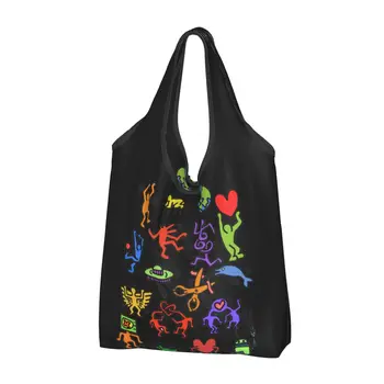 Пазарски чанти за многократна употреба Keith Haring Art за продукти, сгъваеми хранителни чанти, миещи големи чанти-тоут