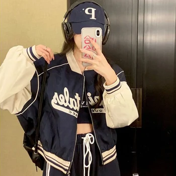 Женски бейзбол есенни якета с Корейски модерен принтом джоб с букви, палта с дълъг ръкав, Дамски Свободна ежедневни универсална градинска облекло