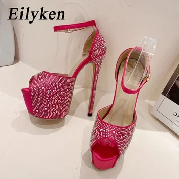 Eilyken/ Дамски сандали на солидна платформа и висок ток-висок ток с кристали; Модерен дизайнерски обувки-лодки, с отворени пръсти и каишка с катарама;