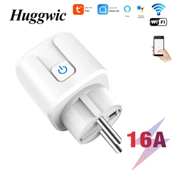 Huggwic Smart EU Plug 16A Безжично дистанционно изход на Hristo с монитор захранване Поддръжка на дистанционно управление за Smart Life Алекса Google Home