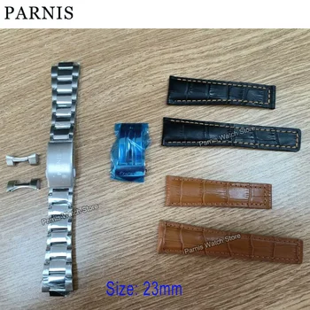 Parnis 23-мм и каишка за часовник, естествена кожа, Сребърна кофа за разполагане, Аксесоари за часовници, Части, мъжки и женски въжета за часа