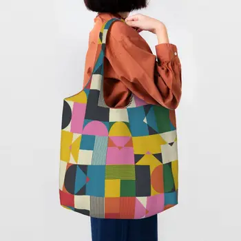 Геометрична линия на цветен блок на Баухаус, модерни чанти-тоут за пазаруване за многократна употреба минималистичные чанти за пазаруване, холщовая пазарска чанта през рамо, чанти