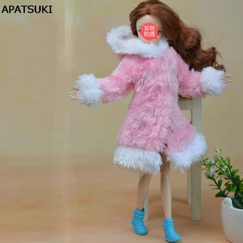 Розово и Бяло Зимата на Топло Меховое палта, рокли, облекло за кукли Барби, Кожа стоп-моушън облекло за кукли 1/6 BJD, Детски Играчки, Аксесоари за кукли