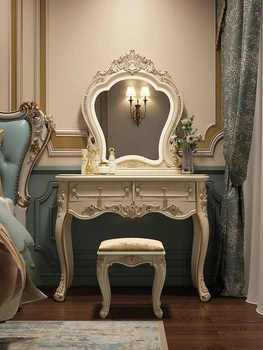 Тоалетка с огледало в европейски стил, масичка за грим в спалнята, мултифункционален тоалетка принцеса, вграден гардероб за съхранение