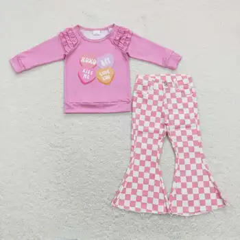 продажба на едро на детски дрехи гореща разпродажба на детски дрехи за момиченца с надпис love розов дантелен топ с дълъг ръкав в розов цвят деним костюм