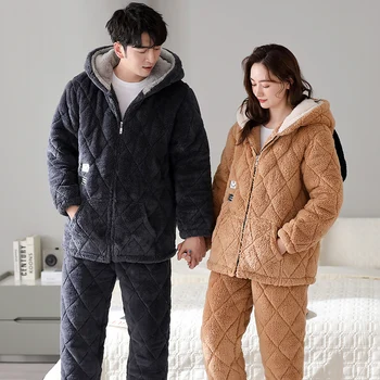 Нов зимен 3-слойный ватиран пижамный комплект ежедневни чифт ватирани пижам с качулка, дебела топла домашно облекло