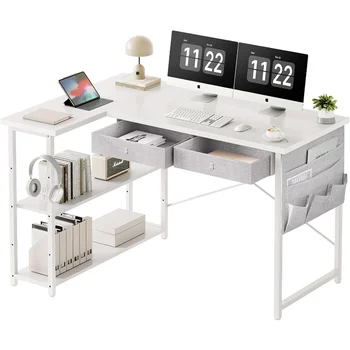Ｍａｉｈａｉｌ Малко бюро с чекмеджета, 39-инчов Ъглово бюро с място за съхранение на Нещата, Компютърна маса с Рафтове и Странична чанта, Работно бюро за малки