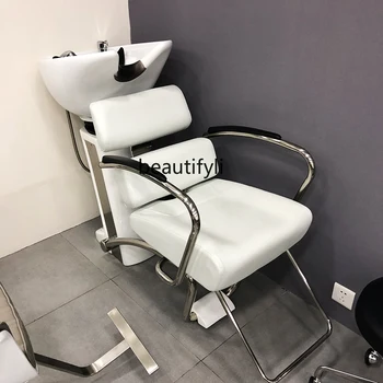 Салон за измиване на коса, предназначен за измиване на косата в полулежачем положение, Престижно проста фризьорски салон, фризьорски салон с керамична мивка за измиване на косата