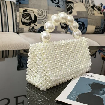 Чанта в ретро стил от мъниста, Бели дамски луксозни чанти през рамо с перли ръчна изработка, женски сватбени и вечерни чанти, чанта през рамо