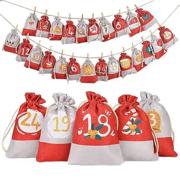 Подаръчни торбички от зебло Коледна чанта с цифри за Обратно броене 24 дни Смешни красиви празнични подаръци пакети от зебло за еднократна употреба за Коледа