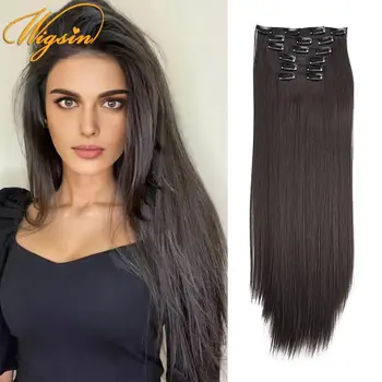 Перуки, направени от синтетични права коса с дължина 24 инча с 16 скоби за изграждане на Невидими коса от устойчиви на топлина влакна, изкуствена коса за жени