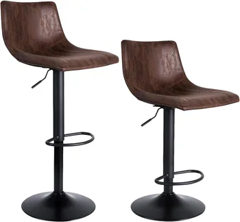 Бар столове Комплект от поворачивающихся на 2-360 ° продуктова столове с облегалка, регулируема по височина на бар столове, ретро-кафяв