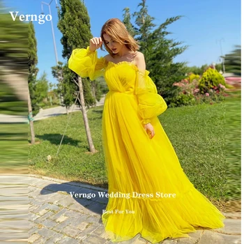 Verngo Yellow Empire Прости тюлевые рокли за абитуриентски бал в стил империя за бременни жени Дубай, вечерни рокли на принцеси с пищни ръкави и дълги ръкави