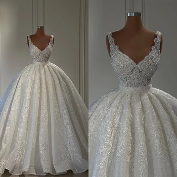 Блестящо сватбената рокля на спагети презрамки с V-образно деколте, сватбени и бални рокли без ръкави, сшитое на поръчка Vestido De Новия