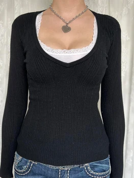 Дамски плетени блузи с дълъг ръкав и V-образно деколте, Базова риза в рубчик, Оборудвана пуловер, Эстетичная тънка блуза, Есен облекло