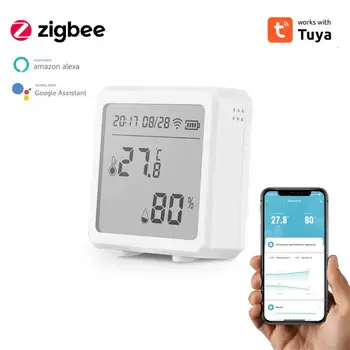 Интелигентен сензор за температура и влажност на Hristo Zigbee с LCD екран, Безжичен термометър Дигитален дисплей Работа с Алекса Google