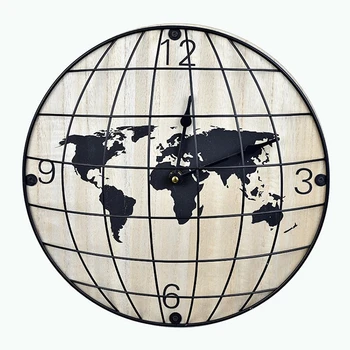 Стенен часовник с карта на света, в Европа, реколта безшумни Дървени стенни часовници, съвременното художественото оформление на верандата, творчески метален орнамент, не тиктака