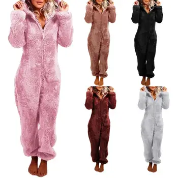 One Piece Pajamas Women Hooded Overall Hooded Onesies for Adult Plush Pajamas спално облекло pijama mujer гащеризон женски зима