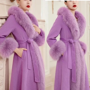 Ново кашемировое вълна палто, Женски зимна жилетка с яка от лисьего кожа, Дълга вълнена риза, дамски модни ветрозащитная горна дреха от изкуствена кожа