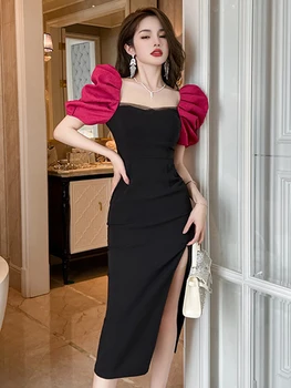 Рокля Червено и черно 2023 Лятото Бельо Макси рокля Елегантна Японска Сладка Ретро рокля с пузырчатым ръкави и цепка, Дълга рокля Femme Party Vestidos