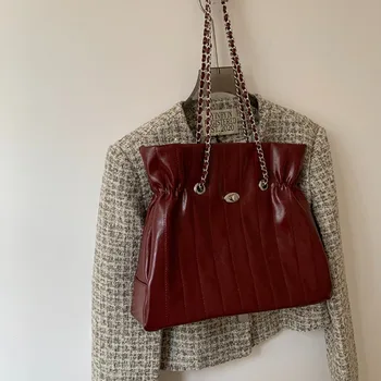Реколта червена чанта СФЕРИ с елегантни веригата, однотонная кожена чанта през рамо с голям капацитет, ежедневни Луксозна Корея модерна чанта-тоут