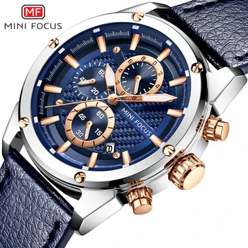Модерен мъжки часовник MINI FOCUS, най-добрата марка, луксозни мъжки кварцов водоустойчив спортни ръчни часовници с хронограф, синя кожена каишка, часовници
