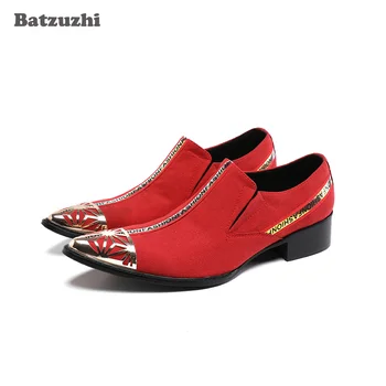 Batzuzhi/ Нова Дизайнерска Мъжки обувки; Модел обувки От естествена кожа С остър Метален пръсти; Мъжки Червени Официални Бизнес/ Вечерни и сватбени обувки