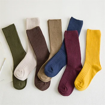 1 чифт Женски едноцветни отглеждане на Есенно-Зимните Памучни Чорапи, плетени калъф за Дълги Черно-Розови Корейски, Японски Чорапи за студентки