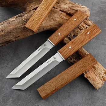 Преносим походный кухненски нож от неръждаема стомана 1бр, открит пряк нож EDC с дървена дръжка, Универсален нож разделочный