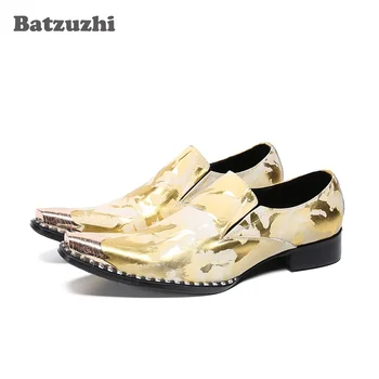 Batzuzhi/ Луксозни мъжки обувки, ръчно изработени с остър метален връх, златни кожени модел обувки за партита и сватби, кожени обувки Zapatos Hombre!