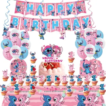 Розово на Лило Стич Украса за парти по случай рождения ден на Хартиена чаша Чиния Салфетка Покривка Банер балон за деца, Аксесоари за душ за момичета