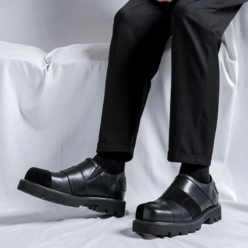 Мъжки ежедневни обувки от естествена телешка кожа в дебела подметка Модни лоферы Мъжки Удобни Мокасини за шофиране Мъжки градинска обувки на дебела подметка