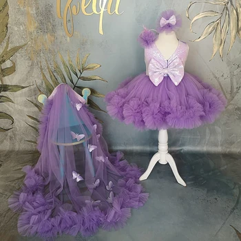 Лилави рокли за момичета в цветенце, сватба, с 3D аппликацией във формата на пеперуда, от буен тюл, Детско празнично облекло за рожден ден, рокля с пайети и лък, рокля за първо причастие