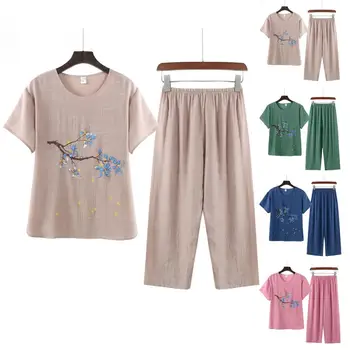 Комплект панталон с висока талия, еластичен колан, лятна пижама за баба комплект от две части, дълги панталони, лятна пижама, комплект дамско облекло