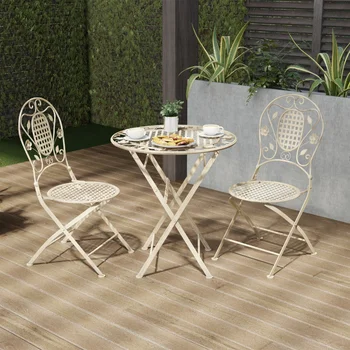 Сгъваем комплект за бистро - Маса и столове за хранене от 3 части с дизайн от решетки и листа - мебели за градината