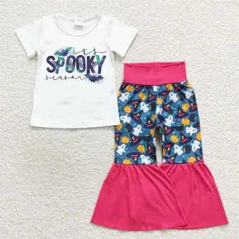Търговия на едро с Детски комплект за Хелоуин За малки момичета, риза с къси ръкави и жуткими прилепи мишки, Панталони-камбанка с тиква-фантоми за деца, Детски дрехи за бебета