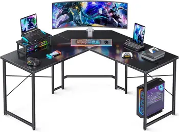 Игрална маса L-образна форма, 51-инчов компютърен маса с поставка за монитор, игри на маса за КОМПЮТЪР Ъглово бюро за домашния офис