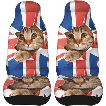 Калъф за столче за кола с котката с британския флаг, Комплект от 2 теми, на Предната защита на автомобили, Аксесоари за интериор, Предпазна подложка, Универсален