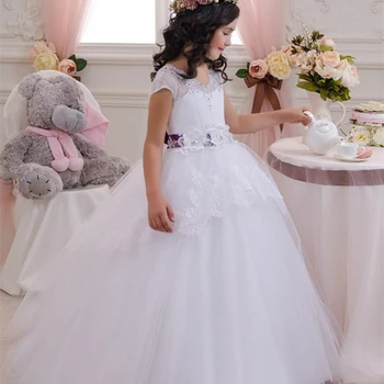 Тюлевые дантелени рокли с цветя модел за момичета на сватба, рожден Ден на принцеса, бална рокля, детски Първи Cmmunion