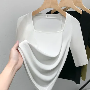 Висококачествени дамски блузи 2024 година, пролетно-лятна тениска на Еластичните Force, дамски дрехи, Секси съкратен топ, блуза, чист цвят Y2k