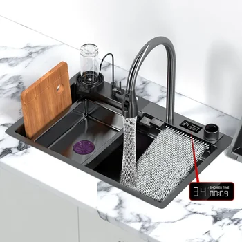 Кухненска мивка от неръждаема стомана Водопадная мивка Голям однощелевой басейн за миене на съдове Многофункционален мивка за кухня