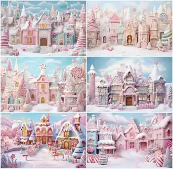Фон за снимки Mehofond Зимна Коледна Конфетный къща на открито, Фантазийный Розов Замък, на фона на портретна фотография с участието на бебешка торта