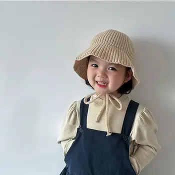 Детска вязаная панама, однотонная топло рибарска шапка дантела за момичета, детски есенно-зимна детска шапка от слънцето