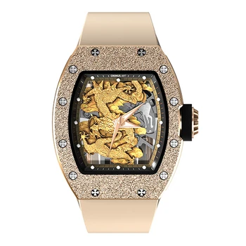 Мъжки Автоматичен часовник CRONUSART Луксозни Механични Ръчни Часовници Tonneau Корпус От Въглеродна Стомана Каишка От Флуоресцентна Фторопластины Циферблат със Златен Дракон