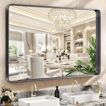 Стенно огледало Hasipu 40 × 26 инча за баня, правоъгълни огледала за баня в черна метална рамка, съвременно стенно огледало за тоалетка маса